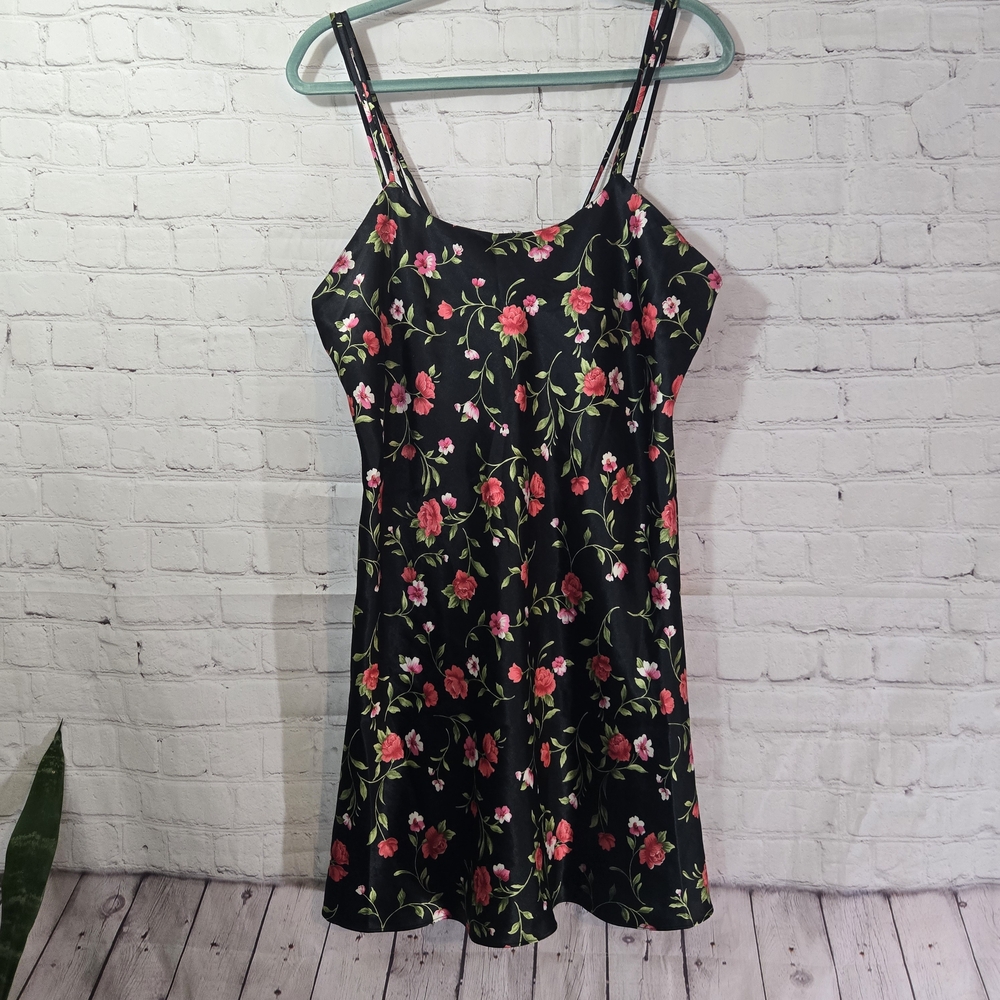 Kathy Ireland Mini SIip Satin Dress Sz L Rosette Print Coquette Grunge